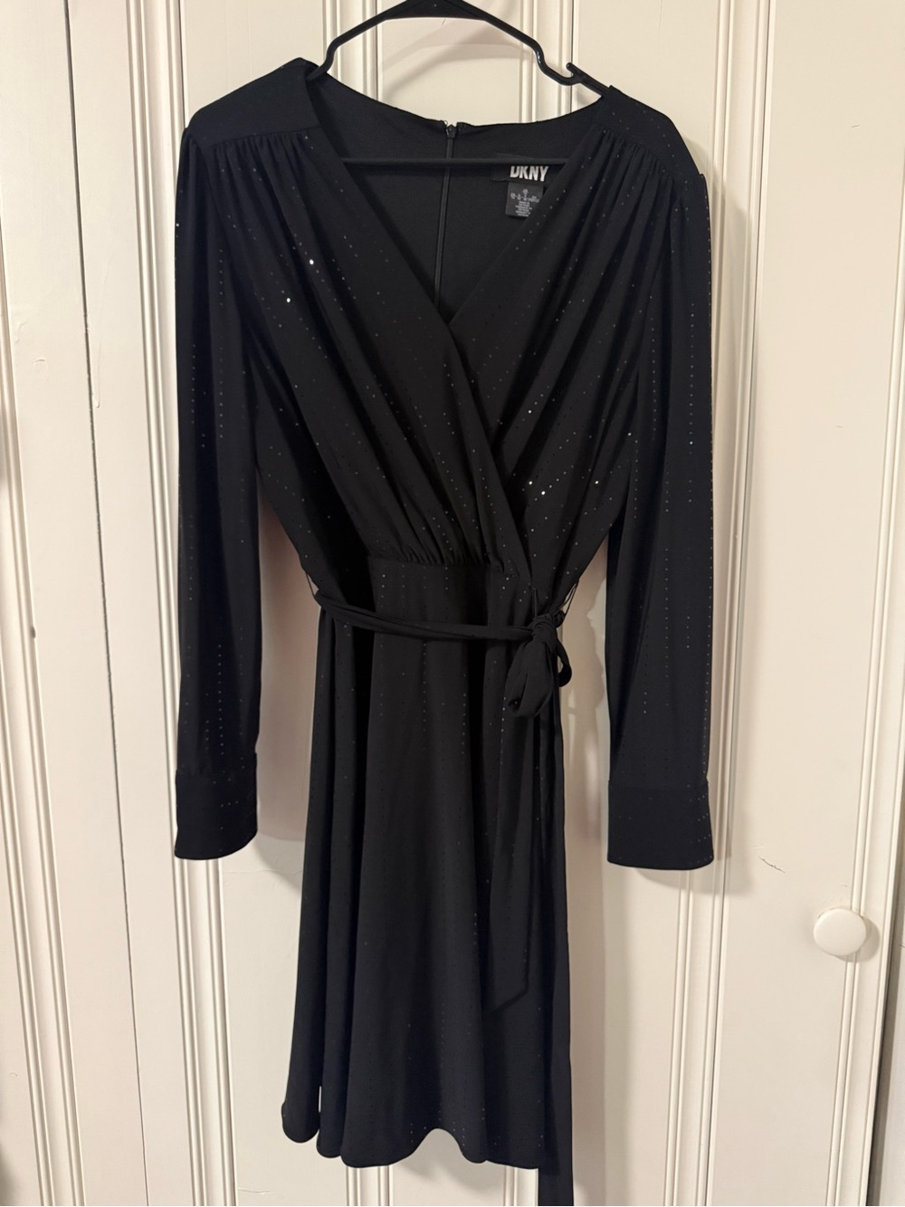 DKNY Black Long-Sleeve Wrap Dress with Sparkle Detail